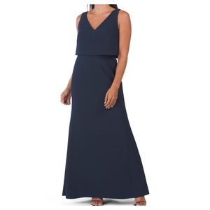 Jenny Yoo Crepe Overlay Bow Back Bridesmaid Gown Midnight-E31 Blue